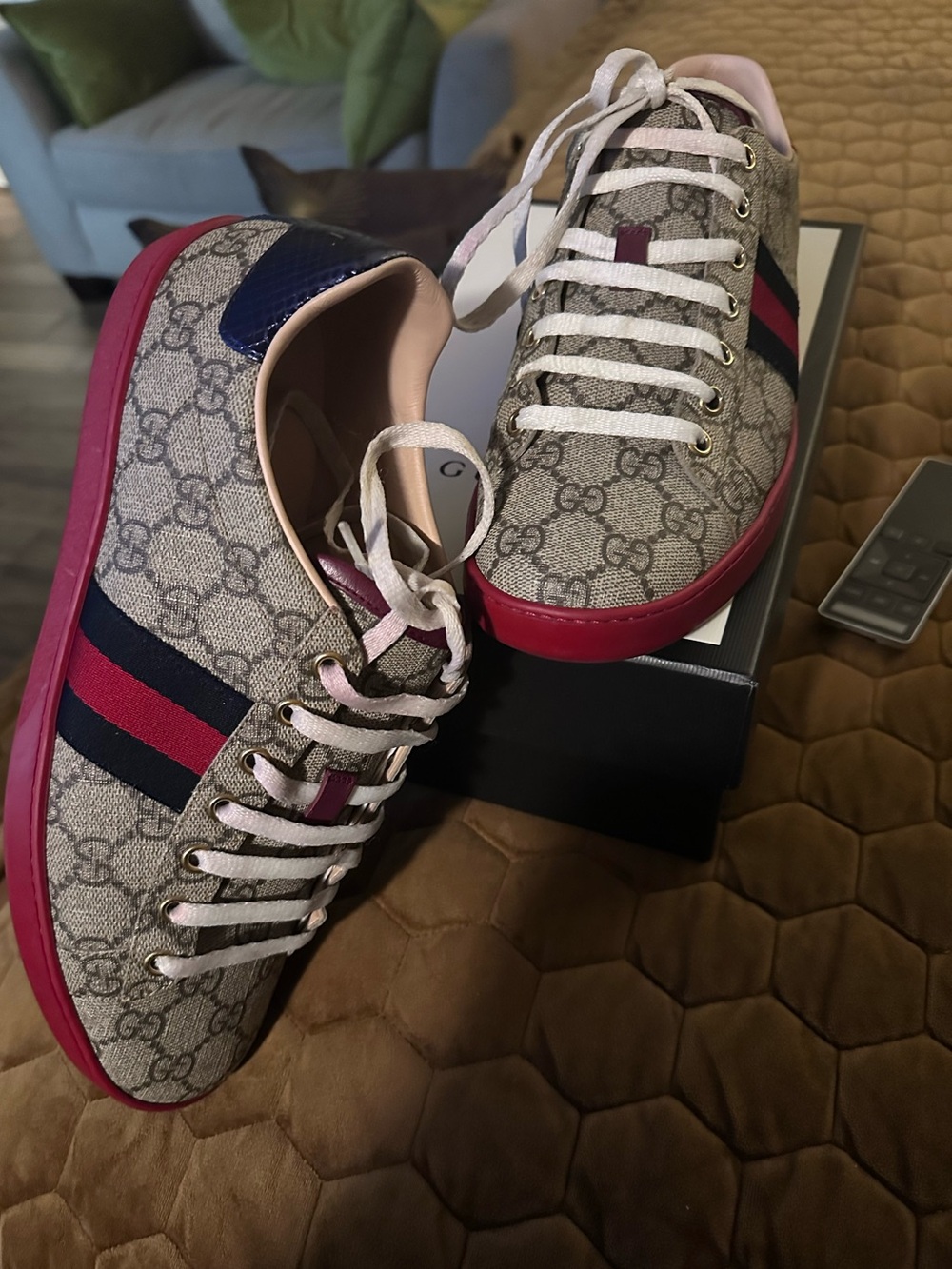 Gucci Beige GG Monogram Sneakers with red Sole and Navy Stripe